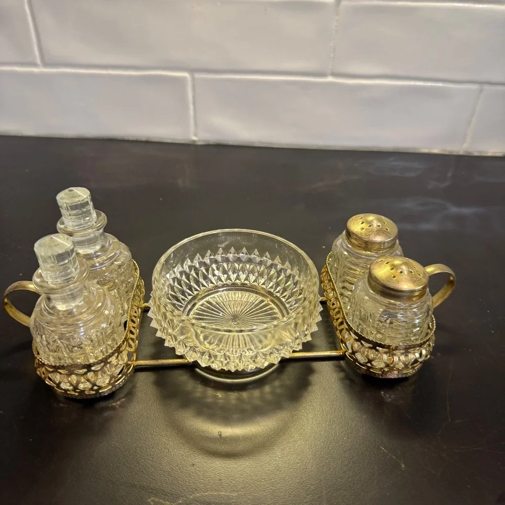 Vintage Condiment Caddy Set 6pc Clear Gold Cut Glass Shakers Cruets Bowl